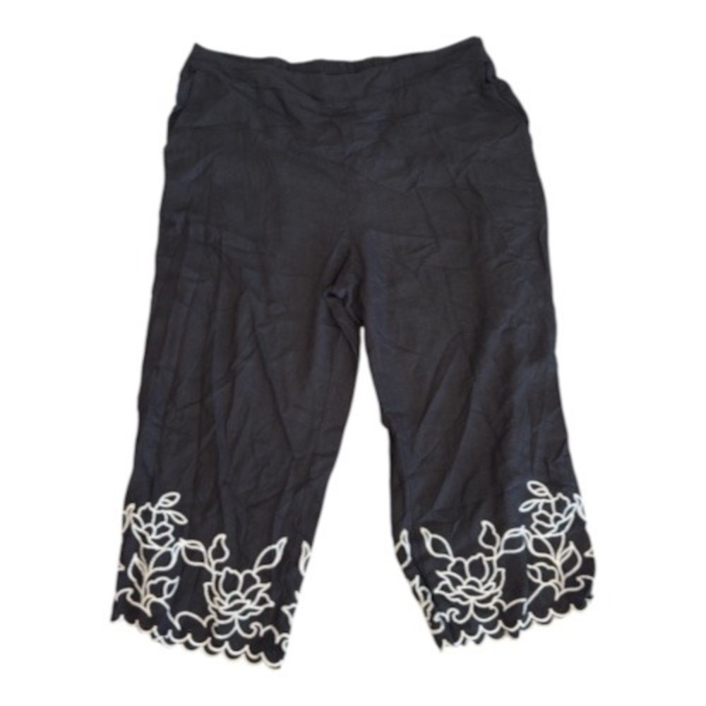 212 Studio Womens Plus 1X Black Rayon Linen Floral Embroidered Crop Pants NWT